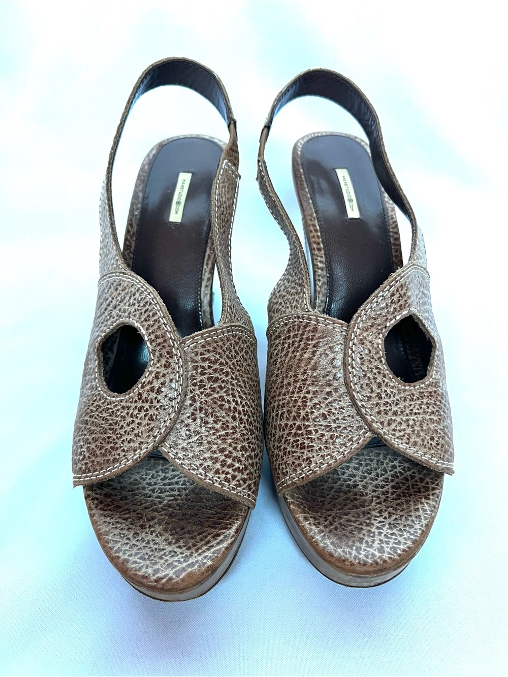 Max Studio 7.5 Brown Leather Slingback Heels Cutout Peep Toe Studded